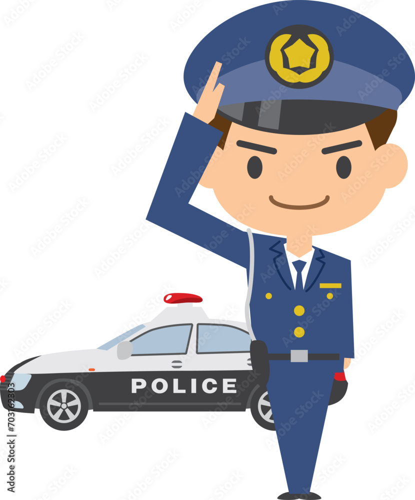 敬礼する警察官とパトカーのイメージイラスト