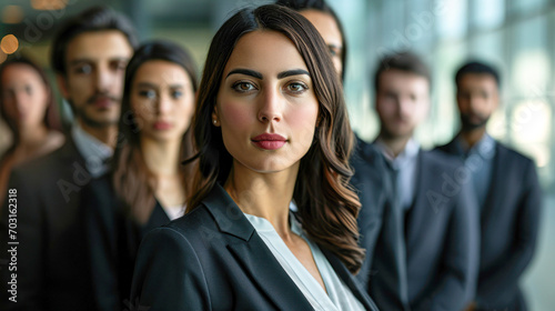 Portrait of successful group of business people at modern office looking at camera. Portrait of happy businessmen and satisfied businesswomen standing as a team. Multiethnic group of people smiling.