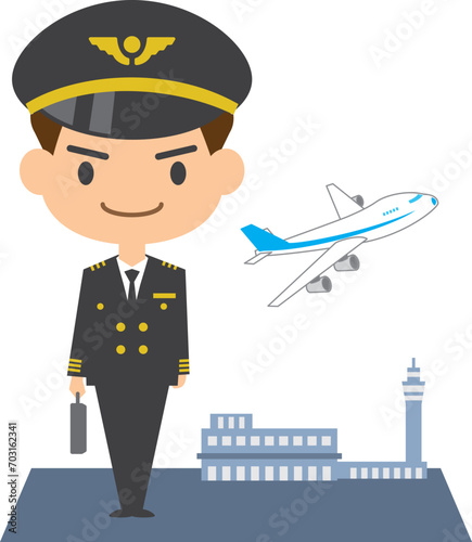 笑顔のパイロットと空港のイメージイラスト