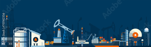 Gas and oil industry platform Banner with Outbuildings, Oil storage tank and more. Poster Brochure Flyer Design, Vector Illustration eps10