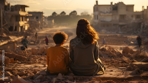 View of a child and a woman sitting in front of a poor area street in Morocco