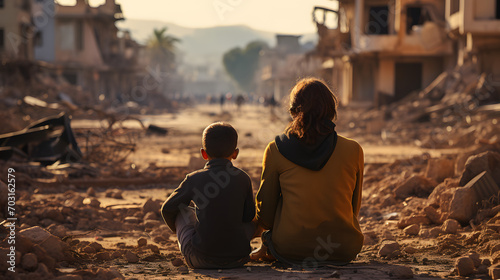 View of a child and a woman sitting in front of a poor area street in Morocco