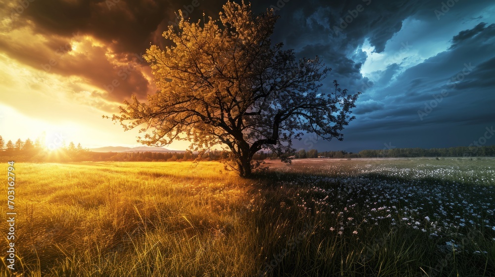 Equal length of day and night during the equinox, day and night equinox time change concept.