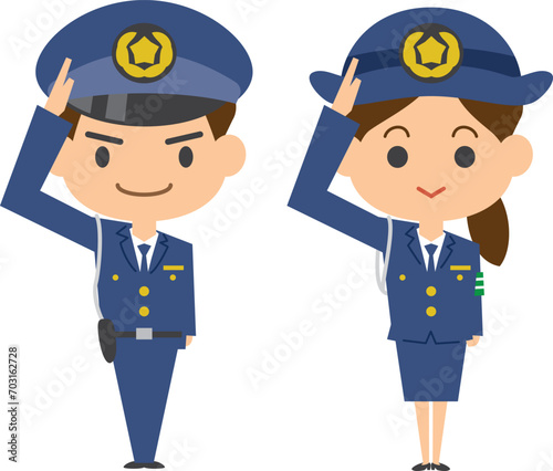 敬礼する警察官のイメージイラスト（男女セット）