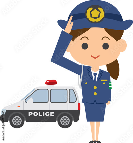 敬礼する婦人警官とミニパトカーのイメージイラスト © kintomo