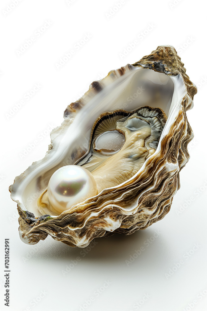 A lustrous pearl nestled within the textured layers of an open oyster shell against a white background, symbolizing luxury and nature's beauty A lustrous pearl nestled within the textured layers of an open oyster shell against a white background, symbolizing luxury and nature's beauty