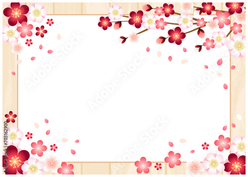 梅、桜、板、フレーム、春、和風、イラスト、イメージ