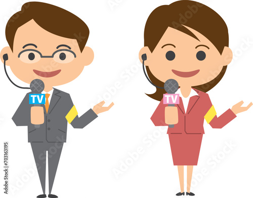 現場で説明をしているリポーターのイメージイラスト（男女セット）