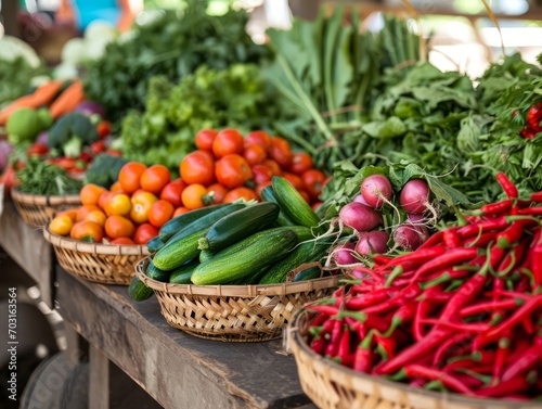 Variety of colourful fresh vegetables on display at a local farmers market stall.