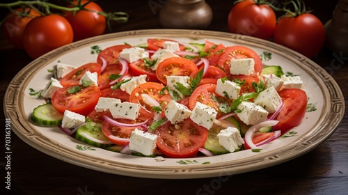 A Refreshing Mediterranean Salad with Tomatoes, Cucumber, and Feta Cheese