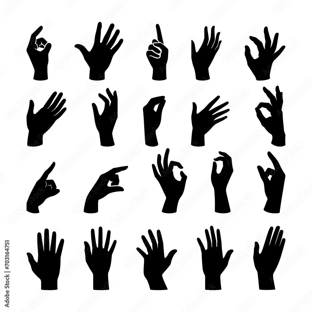 Obraz premium A collection of various vector silhouettes of hands and gestures on a white background.
