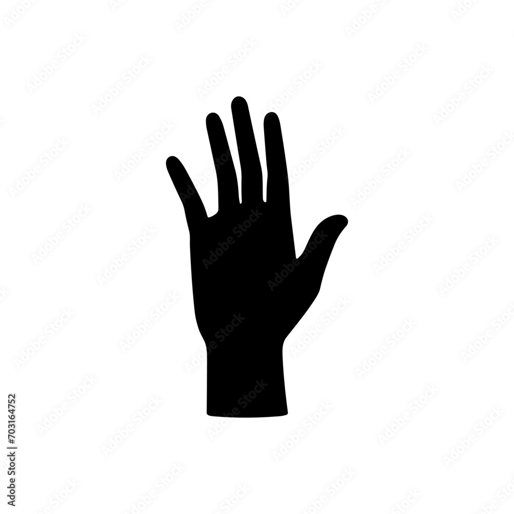 vector image of a black silhouette of a hand with spread fingers on a white background, stylized image, flat design.