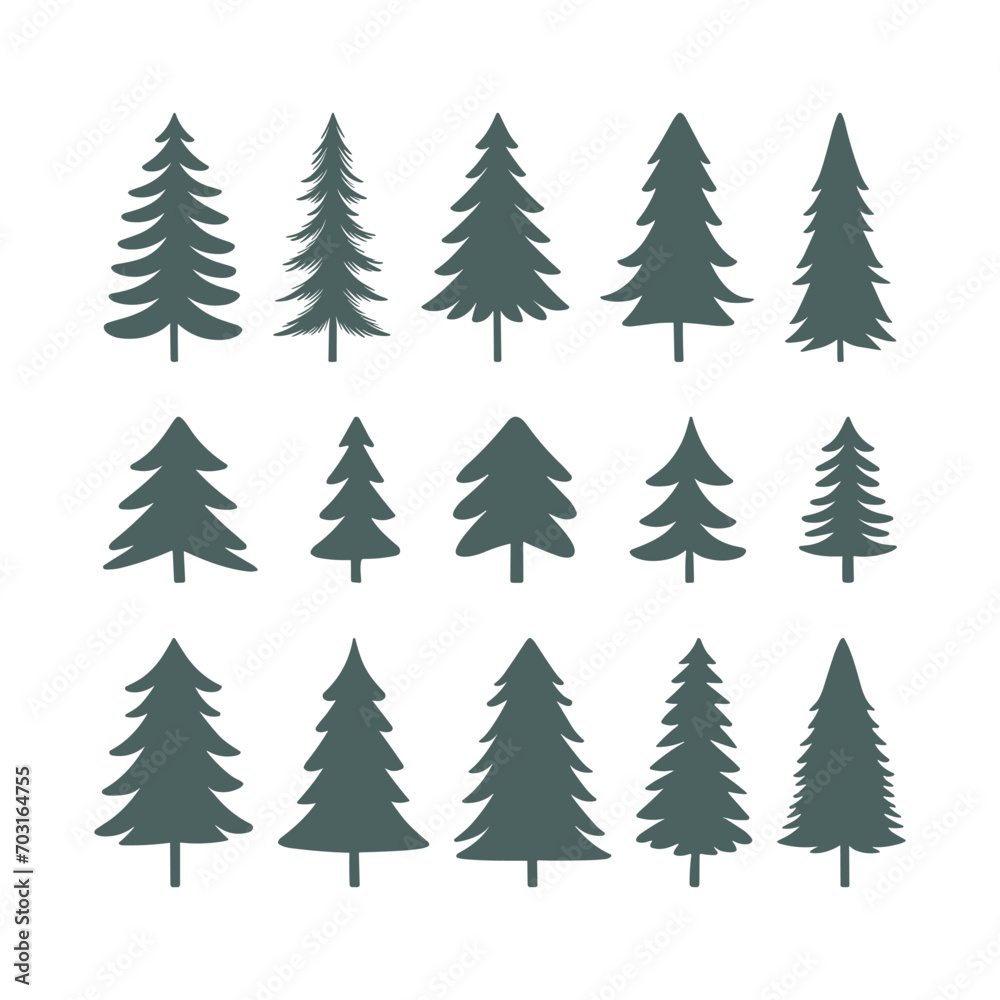 Vector set of stylized Christmas trees of different shapes and sizes in shades of green on a white background.