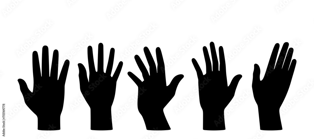 A row of silhouettes of raised hands with outstretched fingers, black icons on a white background. A row of silhouettes of raised hands with outstretched fingers, black icons on a white background.