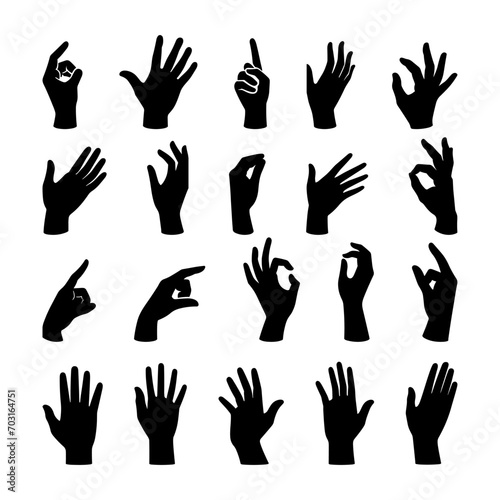 A collection of various vector silhouettes of hands and gestures on a white background.
