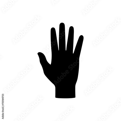 Silhouette of a black open hand with five fingers, vector illustration on a white background, used as a universal gesture for pointing or greeting.