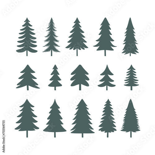 Vector set of stylized Christmas trees of different shapes and sizes in shades of green on a white background.