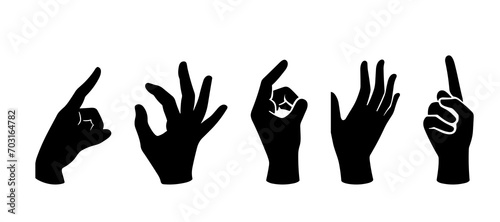 Image of five vector silhouettes of different hands with gestures on a white background.