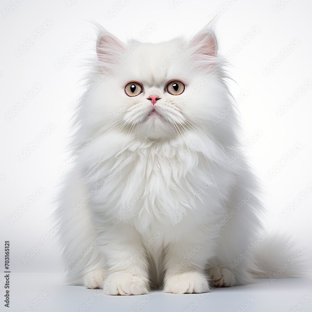 image White Persian cat sitting on white background, cat cute portrait focused lighting