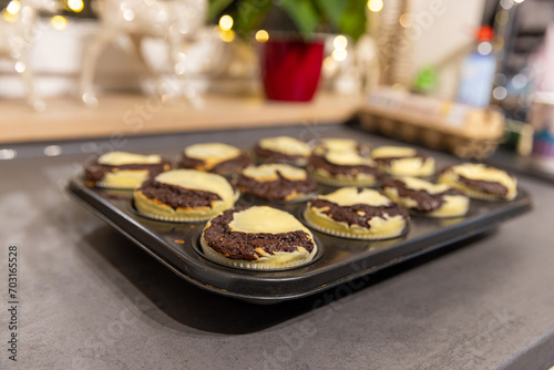 Close-up of fresh homemade Chocolate-Cheesecake Muffins