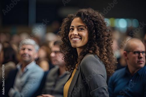 Latino speaker presenting to a business audience, at a crowded conference, voicing her opinion, public speaking, keynote communication, leadership on stage, influence and address group photo