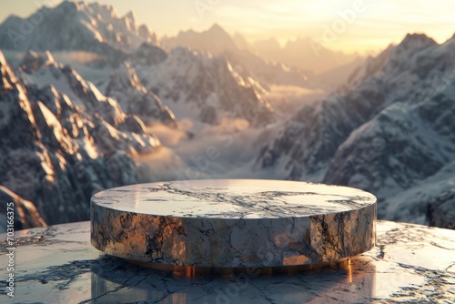 Podium for product display with snowy mountain at sunrise background, For product display montage, 3d render illustration.