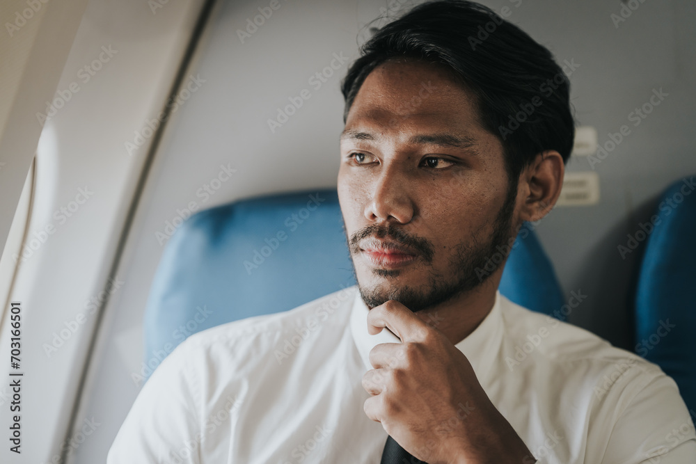 Asian businessman, possibly a stock market trader or investor, focused on his tablet while flying, indicative of a professional managing work on the go. Asian businessman, possibly a stock market trader or investor, focused on his tablet while flying, indicative of a professional managing work on the go.