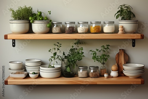 kitchen utensils on the shelves white wall minimalist design professional advertising photography