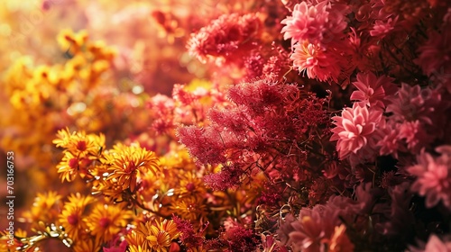Autumn background with colorful chrysanthemum flowers and sunlight