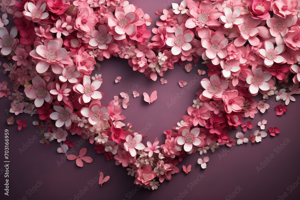 Floral pink magenta background with blossom sakura flowers in heart shape 