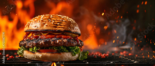 Burger on a grill. Wide screen background with copy space.