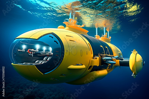 Small yellow submarine on the dive. Submarine explore underwater life. photo