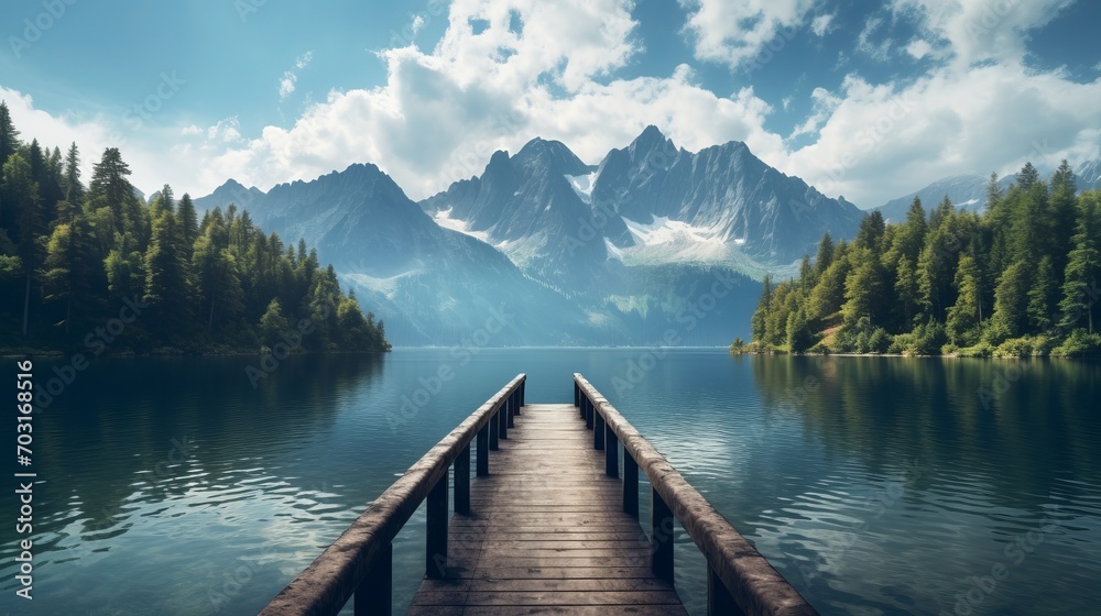 Wooden Dock on a Serene Lake with Majestic Mountains Wooden Dock on a Serene Lake with Majestic Mountains