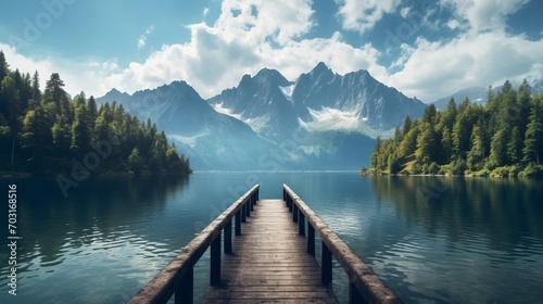 Wooden Dock on a Serene Lake with Majestic Mountains photo