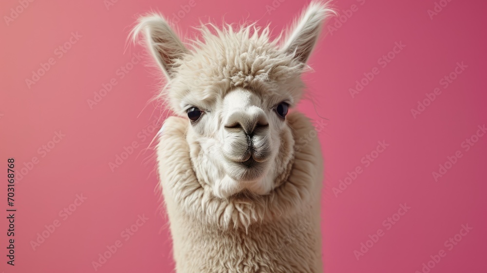 Fluffy Alpaca with a Smile on Pink Background