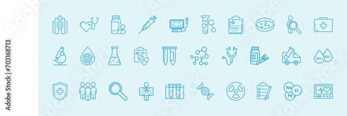 Clinical trials, medicine, pharmacology, health care line icon set in blue. Cardiogram, ultrasound, stethoscope, heart, blood, Rh, syringe, micronutrients, genetic test vector illustration.