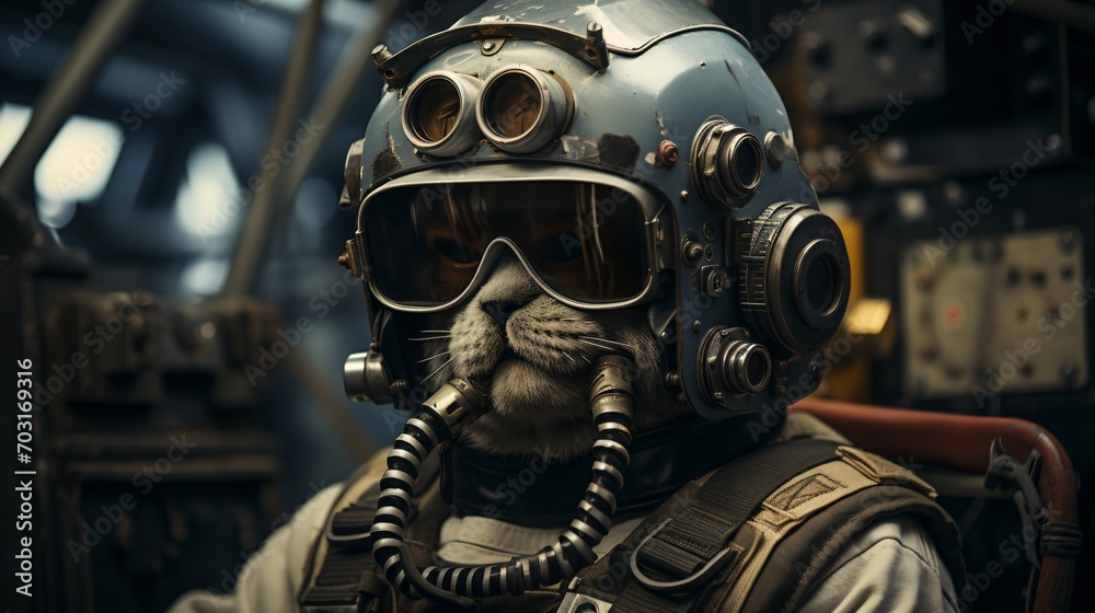 A cat wearing a pilot helmet and goggles sits in a cockpit. A cat wearing a pilot helmet and goggles sits in a cockpit.