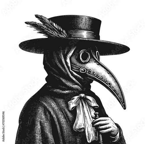 Plague doctor with bird mask and hat. Vector black vintage engraving illustration isolated on a white background. Hand drawn design element for poster quarantine coronavirus photo