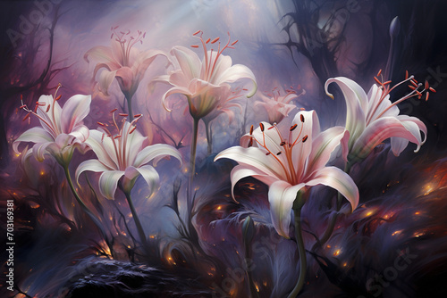 Abstract portrayal of ethereal lethal lilies, emanating an otherworldly and toxic aura.