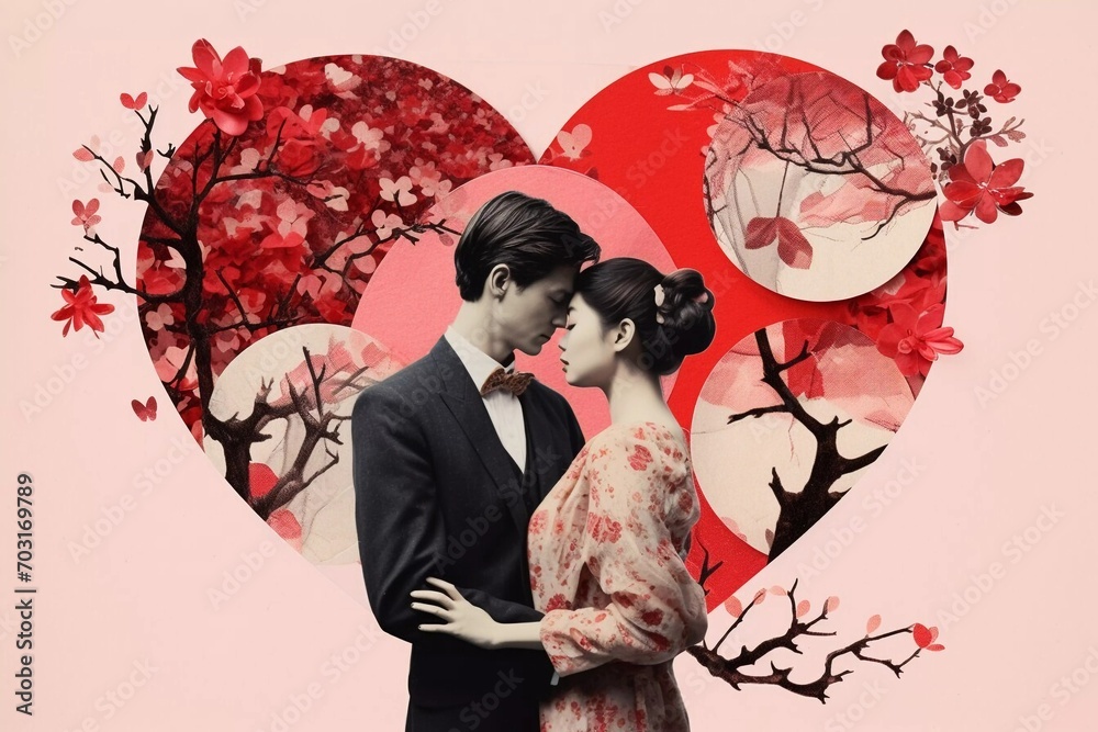 Collage of Valentines day by Japanese style. Couple, man and woman, red hearts, love decorations greetings card or banner Collage of Valentines day by Japanese style. Couple, man and woman, red hearts, love decorations greetings card or banner