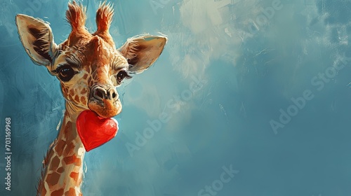 Cute drawn giraffe with red heart, valentine's day card