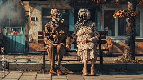 A picture of a gloomy post-apocalyptic future, old couple sitting on a bench wearing gas masks