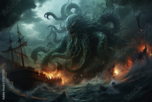Colossal Sea Monster Emerges from the Depths to Engulf a Sailing Ship in a Mythic Ocean Battle © Qmini