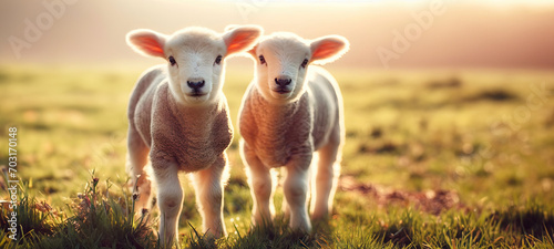 Cute little lambs on fresh spring green meadow during sunrise photo