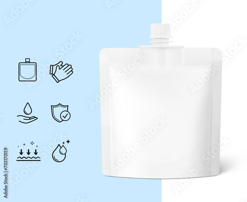Mini spout pouch hand cream packaging bag mockup with set icons. Vector illustration isolated on white blue background.  Ready for your design. EPS10.