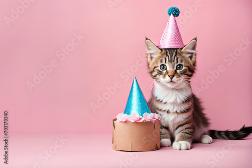 Cute kitten. Cat birthday party. On a pink background with a gift