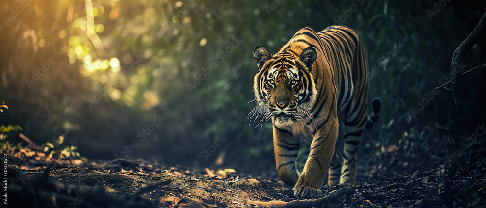 a tiger in the jungle wallpaper, wildlife photo, with empty copy space - obrazy, fototapety, plakaty 