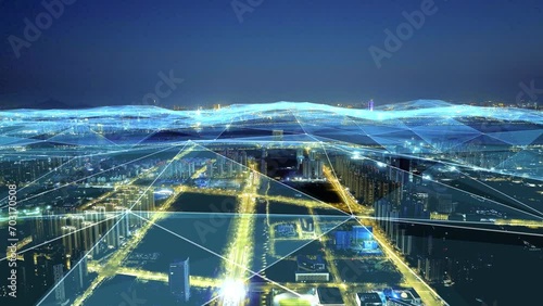 smart Connected city skyline. Futuristic network concept, city Technology. photo