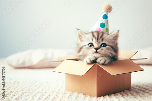 Cat celebrating his birthday funny cat wearing festive hat, Happy birthday concept pets, cute cat portrait in a gift box