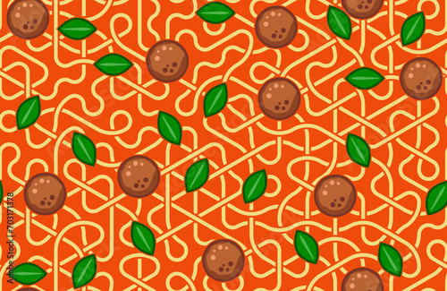 Spaghetti, meatballs and basil. Seamless pattern. Hexagonal Truchet, creative coding computational design.